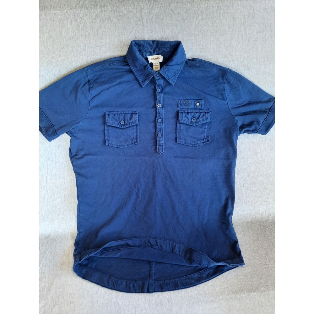DIESEL Women Large Polo Shirt Short‎ Sleeve Stretch Pockets Blue Pure Cotton